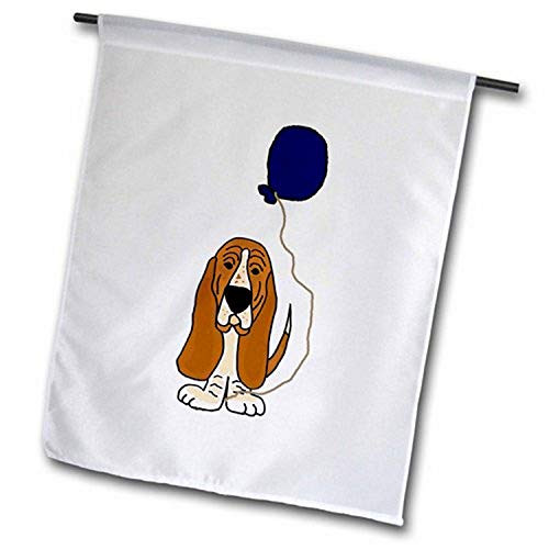 3dRose fl2001111 Funny Basset Hound Holding Blue Balloon Birthday Design Garden Flag 12 by 18