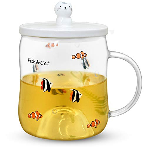 Notrefly Cat Glass Tea Cup Cute Cat Tea Mug With 3D Ceramic Kitty LidNovelty Cat Mug 12 Oz Gift For Crazy Cat Lady Lovers Women And Girls