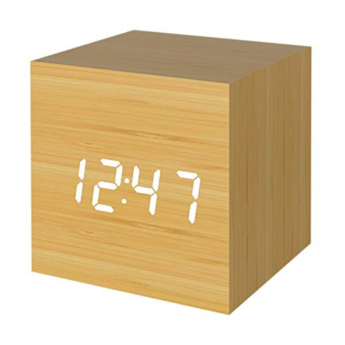 Digital Alarm Clock Micar Wood LED Light Mini Modern Cube Desk Alarm Clock Displays Time Date Temperature for Kids Bedrooms Home Dormitory Travel