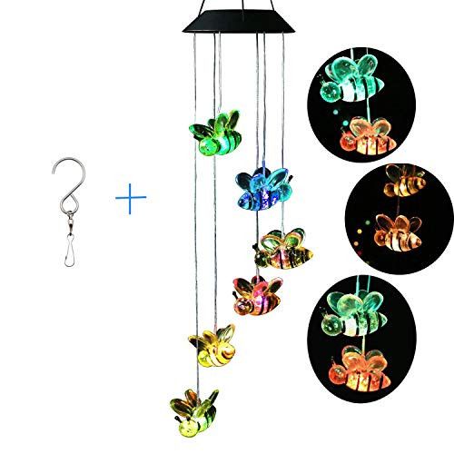 Solar Wind Chimes OutdoorLED Color Changing Solar Lights Outdoor Decor Mobile Wind Spinner Wind Chimes for Home Party Night Garden Decoration Bee