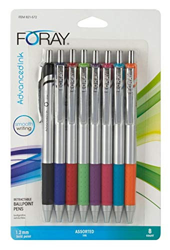 FORAY(R) Advanced Ink Retractable Ballpoint Pens, Bold Point, 1.2 mm, Assorted Barrels, Assorted Ink Colors, Pack Of 8