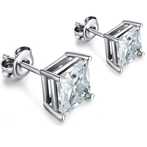 Mens Diamond Earrings Sterling Silver Square Cubic Zirconia Stud Earrings Mens Square Diamond Earrings Princess Cut Square Mens Earrings Women Square Earrings 7mm Fake Diamond Stud Earrings