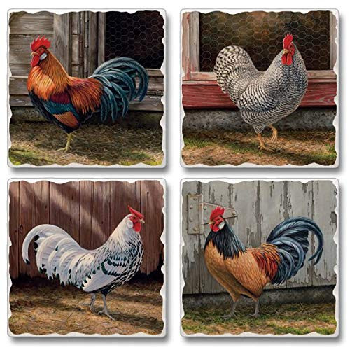 Barnyard Roosters  Square Tumbled Stone Coasters
