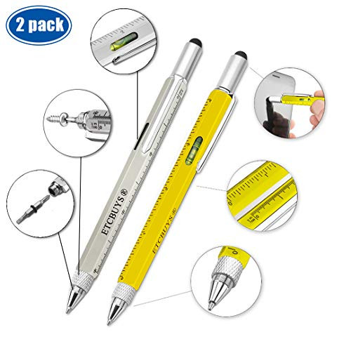 Screwdriver Pen Pocket Multi-Tool 6 in 1  Multi-Functional & Sturdy Aluminum DIY Tool, With Screwdriver, Stylus, Bubble Level, Ruler & Phillips Flathead Bit, Unique Gift Idea 2 (Yellow, Silver)
