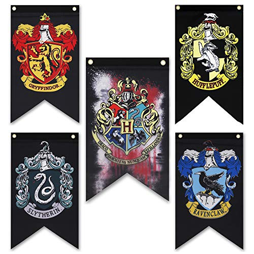 Harry Potter Birthday Party Banners  Hogwarts House Flags Complete 5pcs Set Collection  Gryffindor Slytherin Hufflepuff Ravenclaw Banner 38 inch * 25 inch