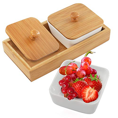 Snack Serving Tray 2 Compartment Removable Ceramic Bowls with Bamboo Lid and Tray 6 Ounce Candy Serving Dishes for Food Snacks Condiments Appetizers Nuts Dipping  Set of 2