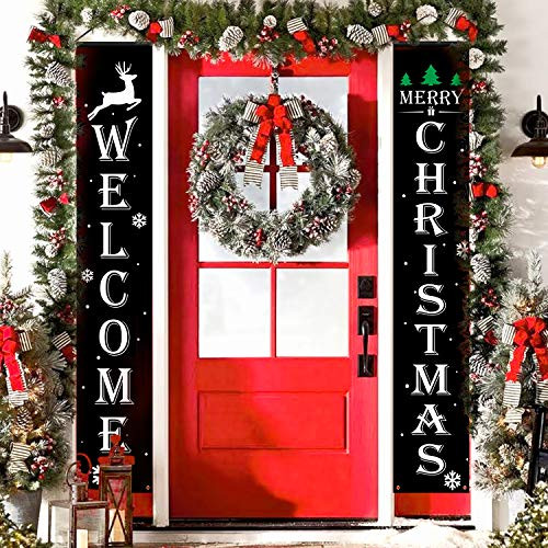 Latoy Merry Christmas Banners Front Door Welcome Christmas Porch Banners Black Porch Sign Hanging Xmas Decorations for Home Wall Indoor Outdoor Decorations Latoy Merry Christmas Banners Front Door Welcome Christmas Porch Banners Black Porch Sign Hanging Xmas Decorations for Home Wall Indoor Outdoor Decorations