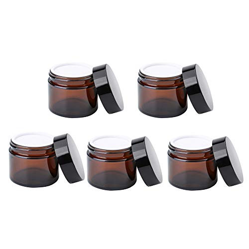 NANSHINE 5 Pieces 20ML Amber Round Glass Jars Empty Cosmetic Containers Dark Brown Glass Makeup Jar with Inner Liners and Black Screw Lid Cosmetic Cream Container
