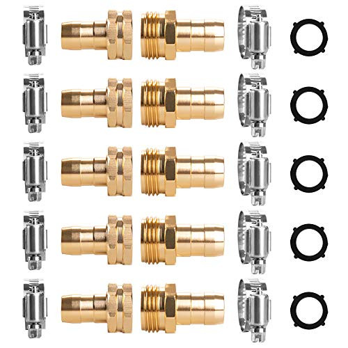 Alanfox 5 Sets Brass Garden Hose Repair Mender Kit for 58 or 34 Garden Hose Fittings Hose Mender End with 10 Pcs Stainless Steel Clamp and Extra 5 Sealed ORings Male and Female Hose Connector