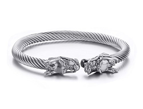 Mens Stainless Steel Opposite Dragon Head Twisted Wire Viking Cuff Bangle Bracelet Mens Stainless Steel Opposite Dragon Head Twisted Wire Viking Cuff Bangle Bracelet