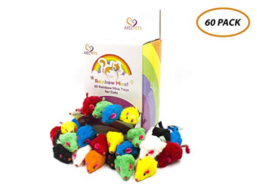 AXEL PETS 60 Rainbow Mice with Catnip and Rattle Sound Made of Real Rabbit Fur Interactive Catch Play Mouse Toy for Cat Box of 60 Mice