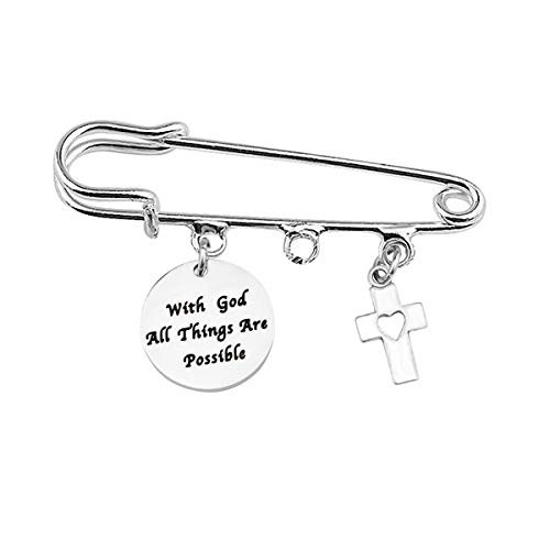 LQRI Cross Charm Safety Pin Brooch With God All Things Are Possible Christian Bible Verse Quote Charm Religious Jewelry Gift silver