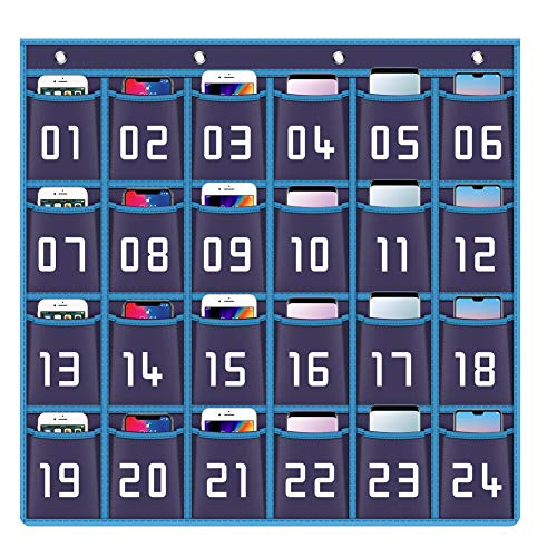 Numbered Classroom Pocket StorageHanging Pocket Organizer for Classroom Calculator and Cell Phone HolderNonWoven with 4 Metal Hooks 24 Pocket Hanging Wall Organizer