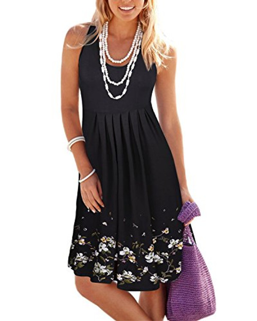 KILIG Women Sundress Summer Casual Dresses Loose Print Pleated Sleeveless Midi Vest Dresses for Beach Wedding PartyBlackM