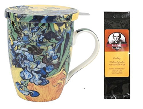 Van Gogh Irises Tea Mug Infuser and Lid in Box and 6 Tea Bags Bundle 2 Items