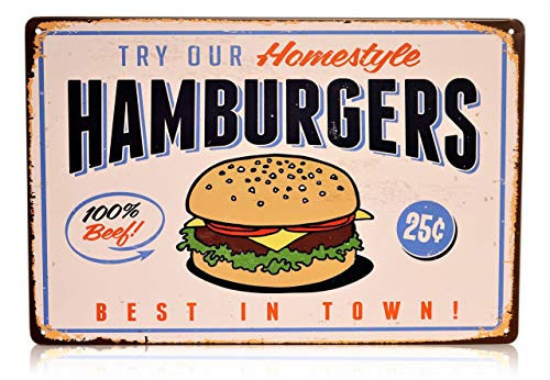 Save Directly Hamburgers Homestyle Burgers Sign Best in Town 100 Beef Burger Food Diner Decor Retro Kitchen Vintage tin Retro Signs Size 8x12 Inches Save Directly Hamburgers Homestyle Burgers Sign Best in Town 100 Beef Burger Food Diner Decor Retro Kitchen Vintage tin Retro Signs Size 8x12 Inches