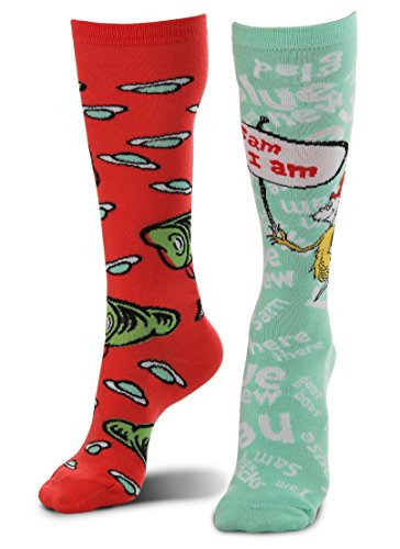 Dr Seuss Green Eggs and Ham Mismatched Knee High Costume Socks for adults and teens