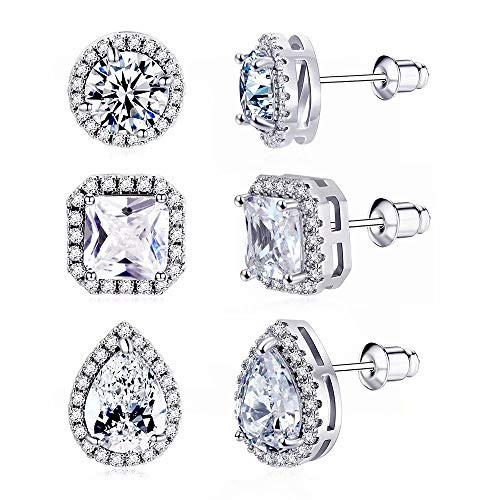 CZ Stud Earrings Set 14K White Gold Plated Hypoallergenic Square Stud Earrings for Women Girls Halo Stud Earrings Teardrop Round Stud Earrings 3 Pairs Cubic Zirconia Stud Earrings