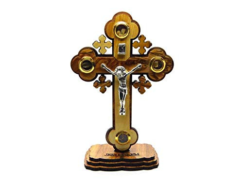 Olive Wood Crucifix Stand with Holy Land Relics Large