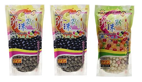 Wufuyuan Tapioca Pearls (2) Black 8.8 oz & (1) Colorful Pearls 8.8 oz (Pack of 3)