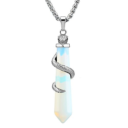 BEADNOVA Healing Crystal Necklace for Women Men Synthetic Opalite Snake Tail Wrap Pendant Energy Healing Gemstones Jewelry Pendulum Crystal Divination Hexagonal 18 Inches Stainless Steel Chain