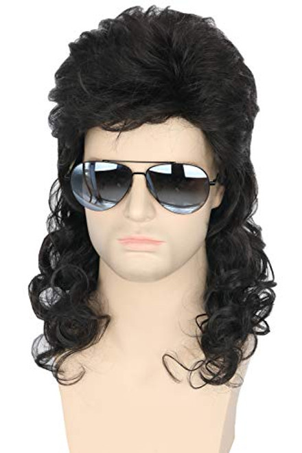 Topcosplay Men Wigs 80s Mullet Wig Black Curly Male Wig Halloween Costumes Punk Rocker Wig Long