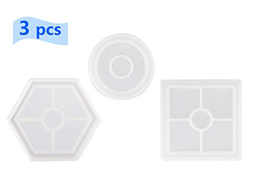 3 PCS DIY Coaster Silicone Mold Silicone Resin Mold Clear Epoxy Molds for Casting with Resin Concrete Cement and Polymer Clay Round Square Hexagon