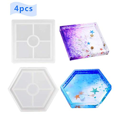 4 PCS DIY SquareHexagon Coaster Silicone Mold Silicone Resin Mold Clear Epoxy Molds for Casting with Resin Concrete Cement and Polymer Clay