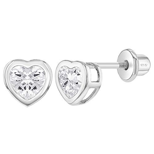 925 Sterling Silver 6mm Bezel Cubic Zirconia Pink Heart Screw Back Earrings for Kids Toddlers Young Girls  PreTeens Children