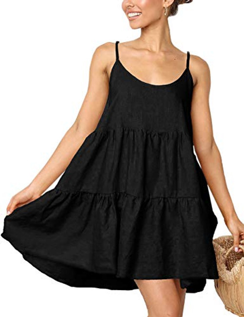 LOMON Casual Swing Dress Strap Mini Dress Babydoll Backless Dress Beach CoverBlackS