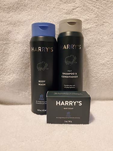 Mens Grooming Set Harrys Shampoo 14 Oz Body Wash 16 Oz and Bar Soap 5 Oz Stone