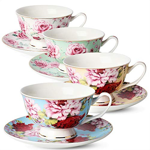 BTaT Tea Cups Tea Cups and Saucers Set of 4 Tea Set Floral Tea Cups 8oz Tea Cups and Saucers Set Tea Set Porcelain Tea Cups Tea Cups for Tea Party Rose Teacups China Tea Cups Bone China