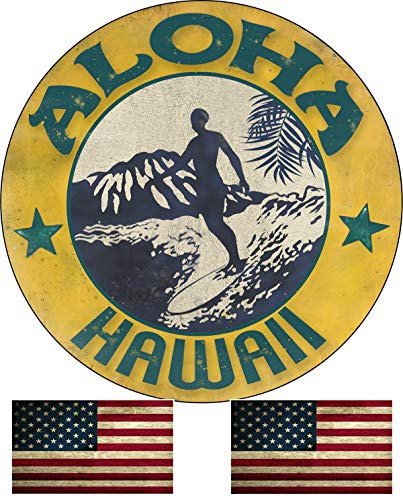 Aloha Hawaii Surfer Diamond Head Vintage Design Garage Sign Metal Garage Sign Vintage Style Garage Signs Garage Decor Metal Tin Signs Round Reproduction Aluminum Sign With 2 American Flag Vinyl Decals