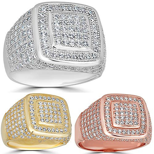 Harlembling Solid 925 Sterling Silver Mens Ring Iced Out  Pinky Square Ring  Yellow Rose Or Natural Silver  Iced Out Hip Hop Ring RoseGoldPlatedSilver 6