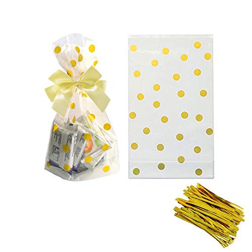 Gold Polka Dot Clear Cello Candy Favor BagsCellophane Cookie Treat Plastic Bagswith Gold Twist Ties Pack of 100