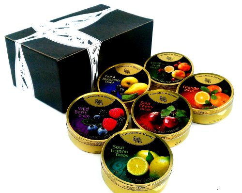 Cavendish Harvey Drops 6Flavor Variety One 53 oz Tin Each of Orange Mixed Fruit Pear Blackberry Wild Berry Sour Cherry and Sour Lemon in a BlackTie Box 6 Items Total Cavendish Harvey Drops 6Flavor Variety One 53 oz Tin Each of Orange Mixed Fruit Pear Blackberry Wild Berry Sour Cherry and Sour Lemon in a BlackTie Box 6 Items Total
