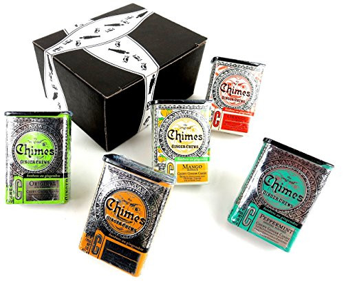 Chimes Ginger Chews 5Flavor Variety One 2 oz Tin Each of Original Orange Mango Peppermint and Peanut Butter in a BlackTie Box 5 Items Total
