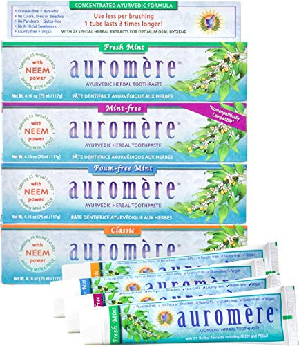 Auromere Ayurvedic Herbal Toothpaste Variety  Vegan Natural Non GMO Flouride Free Gluten Free with Neem  Peelu 416 oz 4 Pack