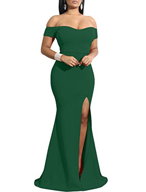 YMDUCH Womens Off Shoulder High Split Long Formal Party Dress Evening Gown Dark Green