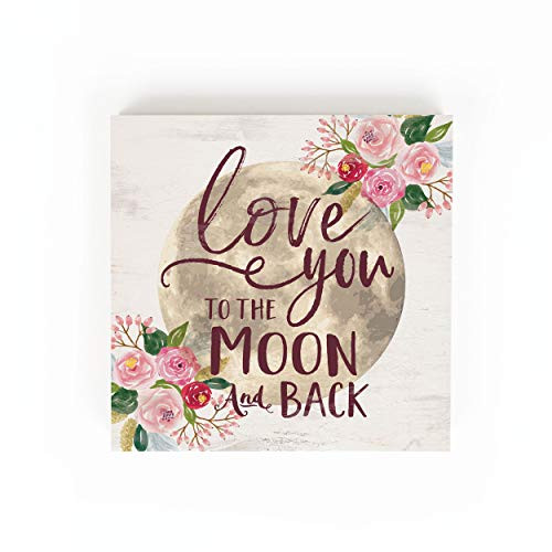 P Graham Dunn Love You to Moon Floral Pink 55 x 55 Pine Wood Word Block Sign