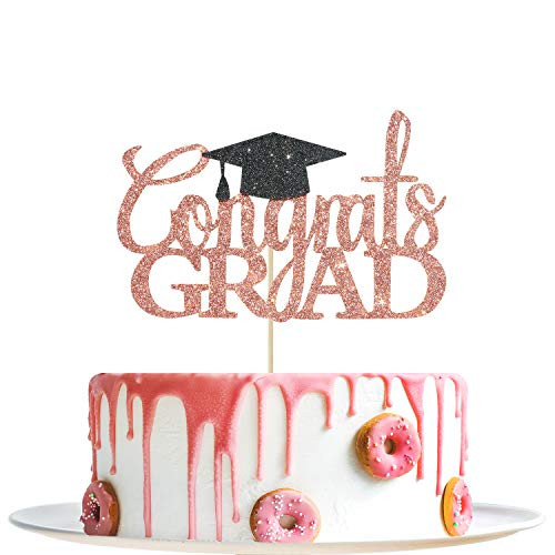 Rose Gold Glitter Congrats Grad Cake Topper  2020 Graduation Decorations  High School Graduation College Graduate Cake Topper