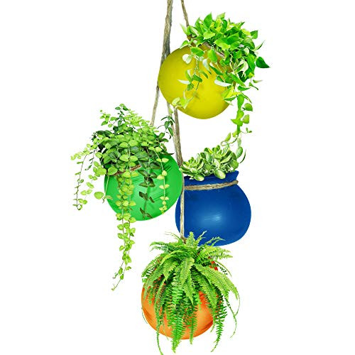 Hanging Flower Pots for Plants ~ Planter Pots for Outdoor  Indoor ~ MultiColor Hanging Ceramic Pots for Plants with Jute Rope Vibrant Tropical 4 Pack