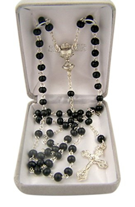 First Communion Black Petite Glass Prayer Bead Rosary Necklace with Chalice Centerpiece, 18 Inch First Communion Black Petite Glass Prayer Bead Rosary Necklace with Chalice Centerpiece, 18 Inch