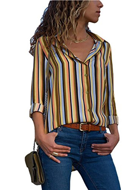 Womens Blouses Long Sleeve V Neck Color Block Stripes Button up Blouse Casual Work Shirt Tops