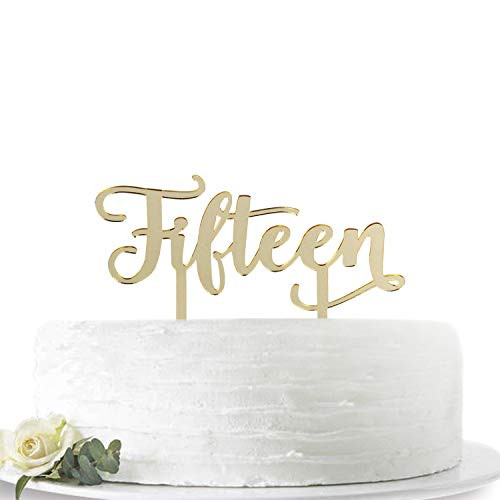 Mirror Gold Fifteen Cake Topper Happy 15th Birthday or 15th Anniversary Cake Topper Acrylic Party Decoration Supplies