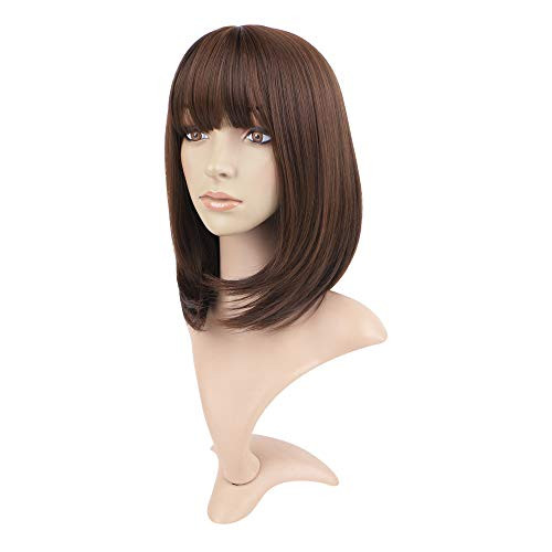 MIMAN Short Bob wig Straight Shoulder Length Wig Brown with Air Bangs Layered Heat Resistant Synthetic Hair Wigs for Women MIMAN Short Bob wig Straight Shoulder Length Wig Brown with Air Bangs Layered Heat Resistant Synthetic Hair Wigs for Women
