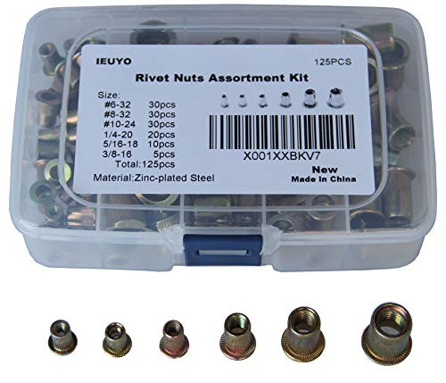 IEUYO Carbon Steel Rivet Nuts Assortment Kit, Rivet Nut Threaded Rivetnut Insert Nutsert Zinc Plated Finish, Flat Head, 125 Pcs 6Sizes, UNC #6-32#8-32#10-24 1/4-20 5/16-18 3/8-16