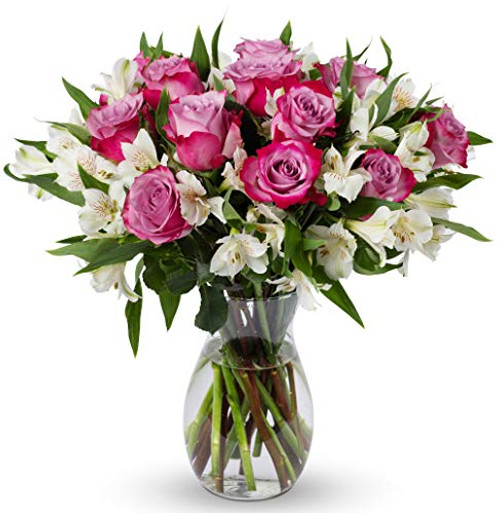 Benchmark Bouquets Delightful Roses and Alstroemeria With Vase Fresh Cut Flowers
