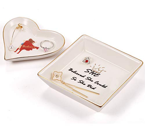 Hsuner Inspirational Gifts for Women Jewelry TrayCute Ring Jewelry Dish Ceramic Trinket Tray Square and Heart Shape Gifts for Daughter Mom Birthday  She Believed She Could So She Did