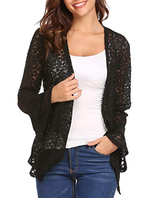Deawell Ladies Bell Sleeve Lace Cadigans for Women Open Front Beach Siwm Cover Ups Black XL Deawell Ladies Bell Sleeve Lace Cadigans for Women Open Front Beach Siwm Cover Ups Black XL